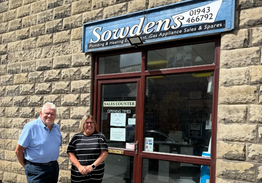 Sowdens shopfront with its blue sign at Candleworks Yard in Otley