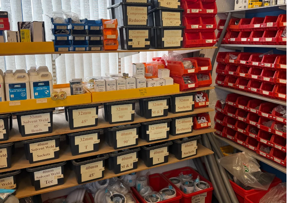 Sowdens shelves labelled with compression and solvent weld fittings